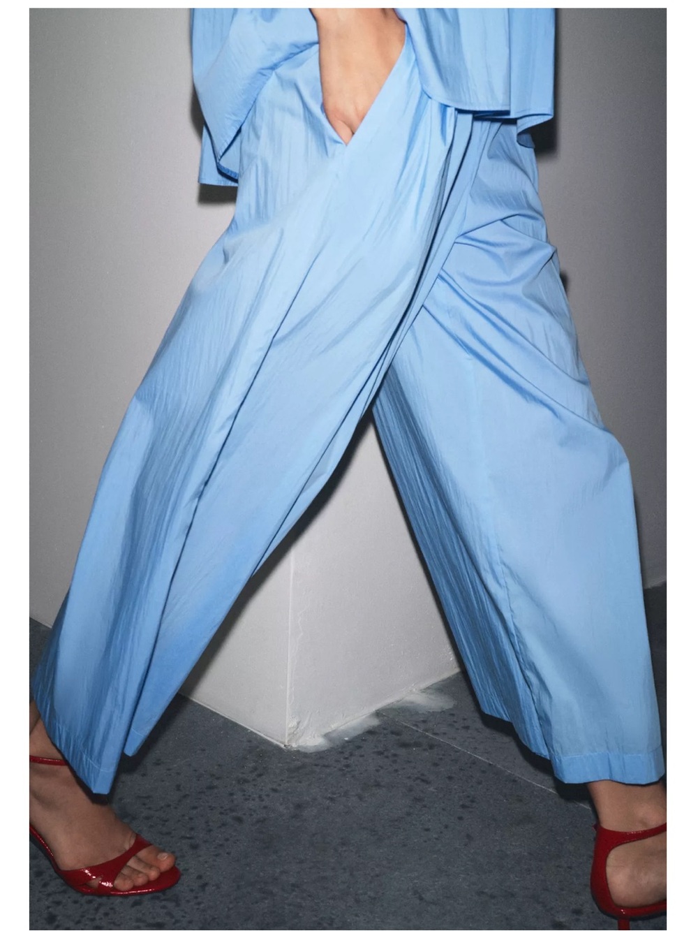 Zara Blue Wide-Leg poplin pleated Elastic Waist Pants - Picture 3 of 13